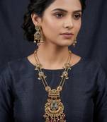 Antique gold plated peacock motif rani haar long necklace set with matching drop earrings for women & brides
