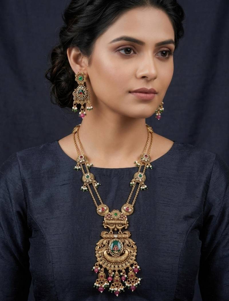 Antique gold plated peacock motif rani haar long necklace set with matching drop earrings for women & brides