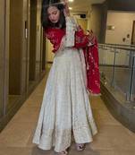 White silk blend embroidered flared gown set