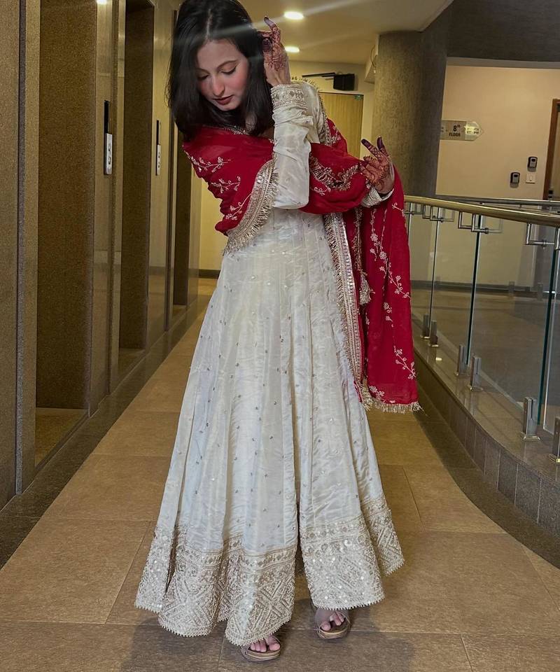 White silk blend embroidered flared gown set