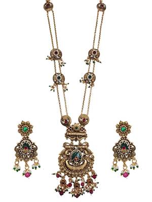 Antique gold plated peacock motif rani haar long necklace set with matching drop earrings for women & brides 2