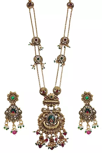 Antique gold plated peacock motif rani haar long necklace set with matching drop earrings for women & brides