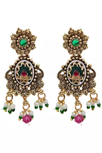 Antique gold plated peacock motif rani haar long necklace set with matching drop earrings for women & brides