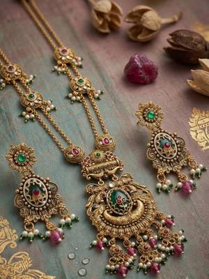 Antique gold plated peacock motif rani haar long necklace set with matching drop earrings for women & brides 4