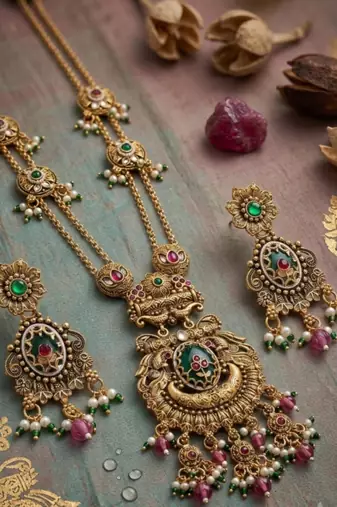 Antique gold plated peacock motif rani haar long necklace set with matching drop earrings for women & brides