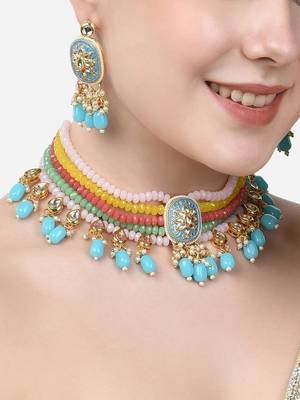 Gold plated pastel multicolor beaded kundan meenakari choker necklace set with matching drop earrings for women & girls 1