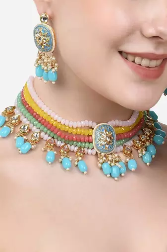 Gold plated pastel multicolor beaded kundan meenakari choker necklace set with matching drop earrings for women & girls