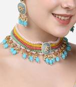 Gold plated pastel multicolor beaded kundan meenakari choker necklace set with matching drop earrings for women & girls