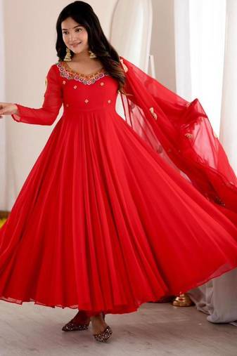 Red faux georgette embroidered flared gown set
