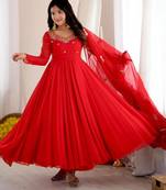 Red faux georgette embroidered flared gown set