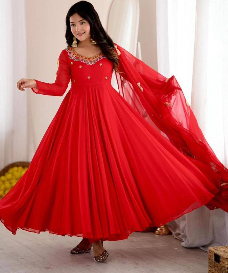 Red faux georgette embroidered flared gown set