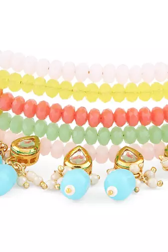 Gold plated pastel multicolor beaded kundan meenakari choker necklace set with matching drop earrings for women & girls