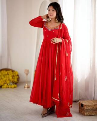 Red faux georgette embroidered flared gown set 2