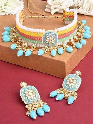 Gold plated pastel multicolor beaded kundan meenakari choker necklace set with matching drop earrings for women & girls 3