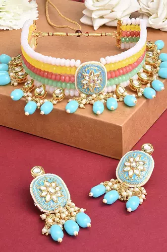Gold plated pastel multicolor beaded kundan meenakari choker necklace set with matching drop earrings for women & girls
