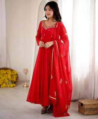 Red faux georgette embroidered flared gown set 3