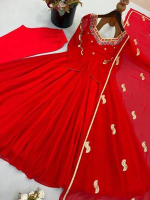 Red faux georgette embroidered flared gown set 4