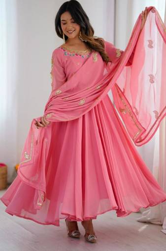 Pink faux georgette embroidered flared gown set