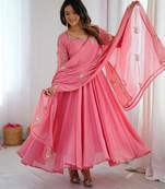 Pink faux georgette embroidered flared gown set