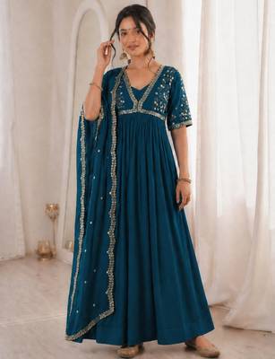 Teal-blue faux georgette embroidered flared gown set 1