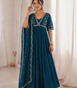 Teal-blue faux georgette embroidered flared gown set