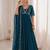 Teal-blue faux georgette embroidered flared gown set