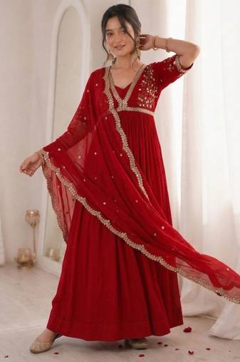 Red faux georgette embroidered flared gown set