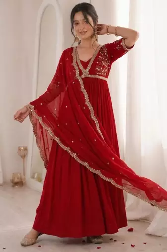Red faux georgette embroidered flared gown set