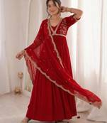Red faux georgette embroidered flared gown set