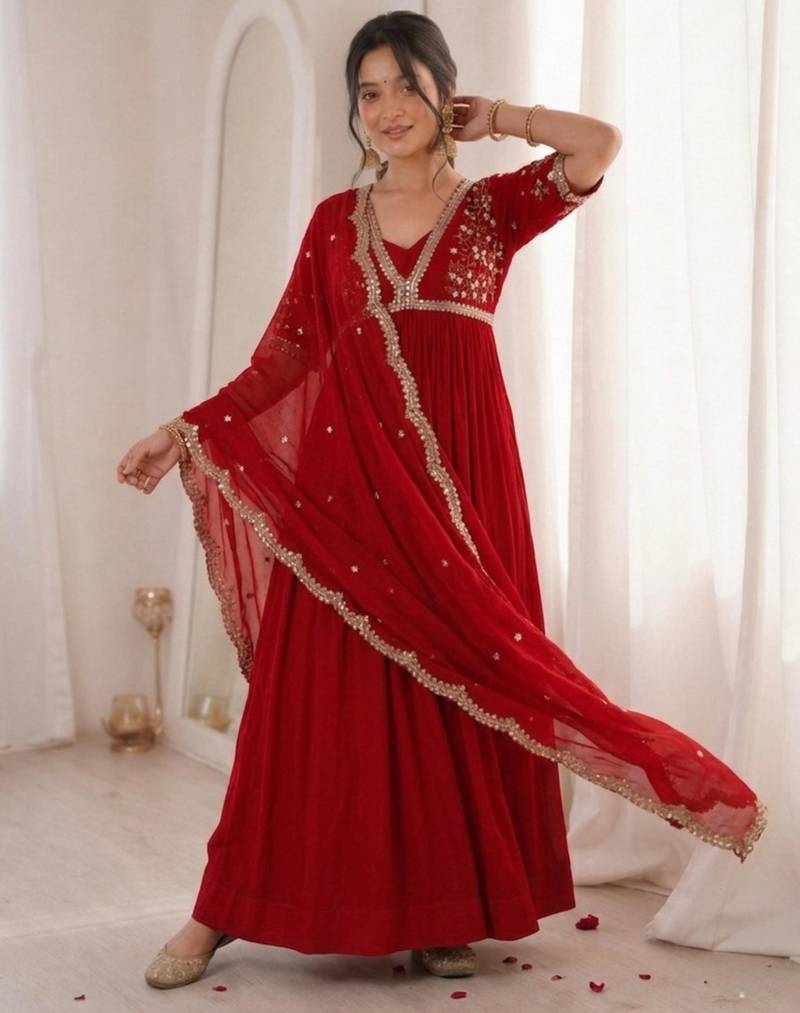 Red faux georgette embroidered flared gown set