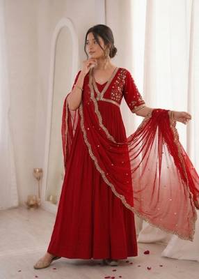 Red faux georgette embroidered flared gown set 2