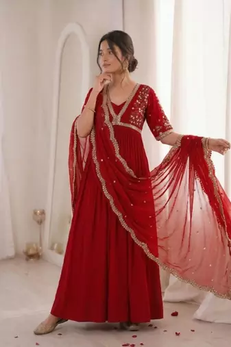 Red faux georgette embroidered flared gown set