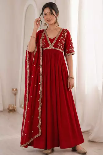 Red faux georgette embroidered flared gown set
