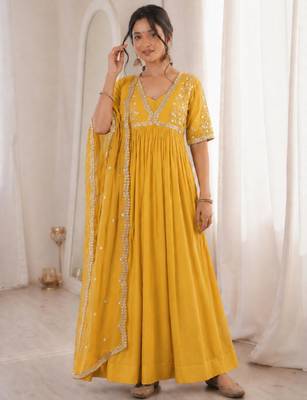 Yellow faux georgette embroidered flared gown set 1
