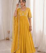 Yellow faux georgette embroidered flared gown set