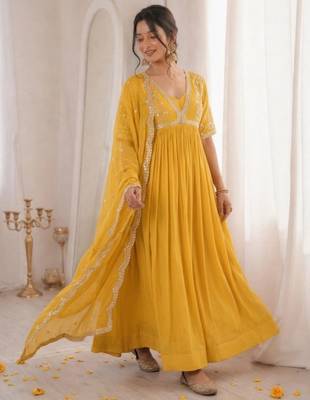 Yellow faux georgette embroidered flared gown set 2