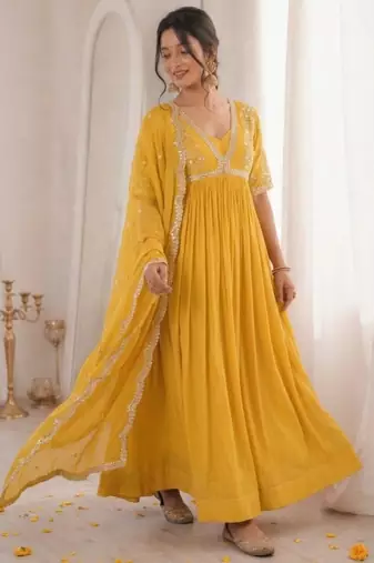 Yellow faux georgette embroidered flared gown set