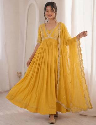 Yellow faux georgette embroidered flared gown set 3