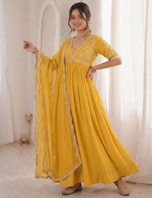 Yellow faux georgette embroidered flared gown set 4