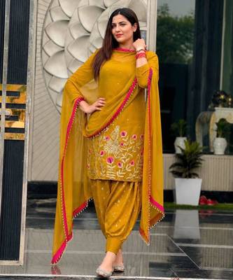 Dark-yellow faux georgette embroidered salwar kameez 1