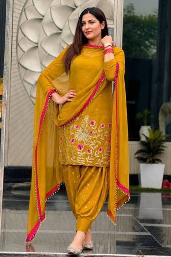 Dark-yellow faux georgette embroidered salwar kameez