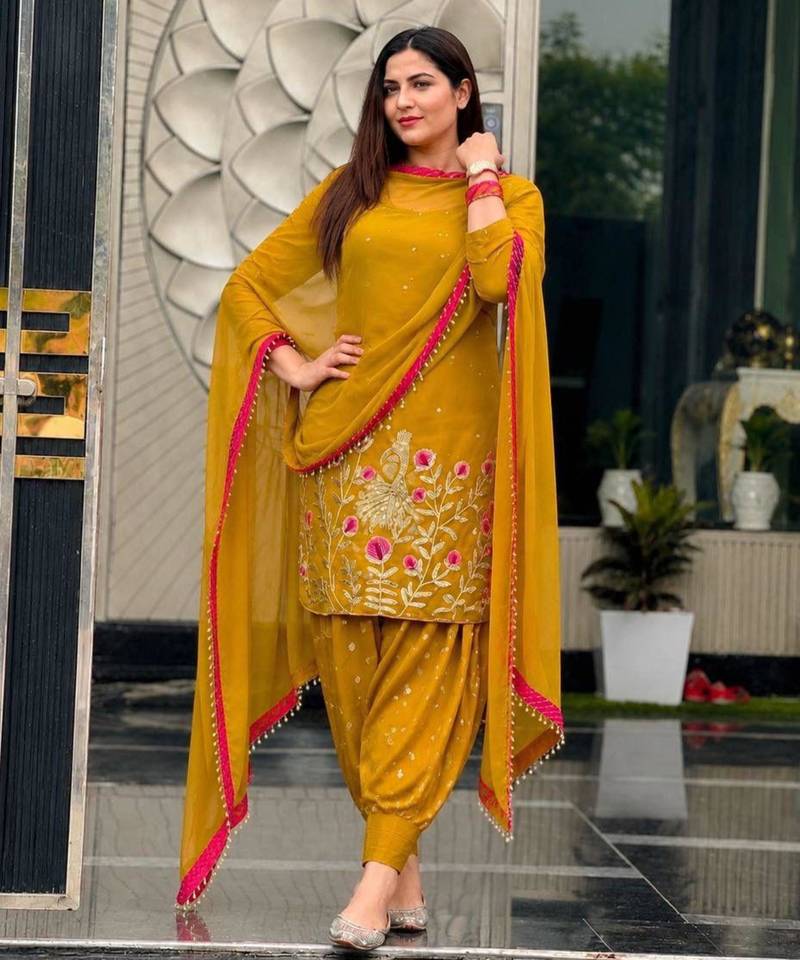 Dark-yellow faux georgette embroidered salwar kameez
