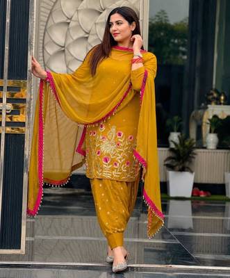 Dark-yellow faux georgette embroidered salwar kameez 2