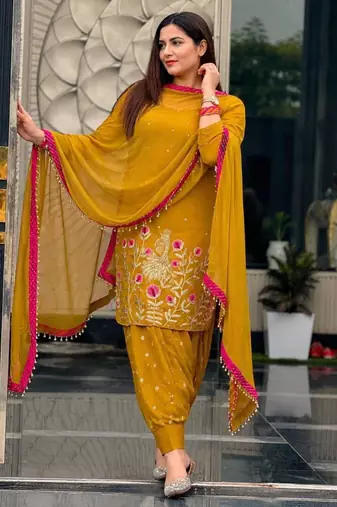 Dark-yellow faux georgette embroidered salwar kameez