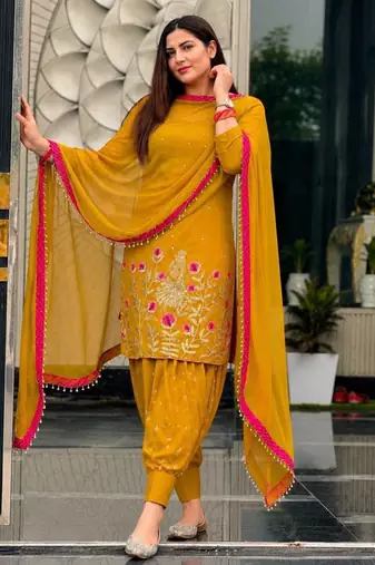 Dark-yellow faux georgette embroidered salwar kameez
