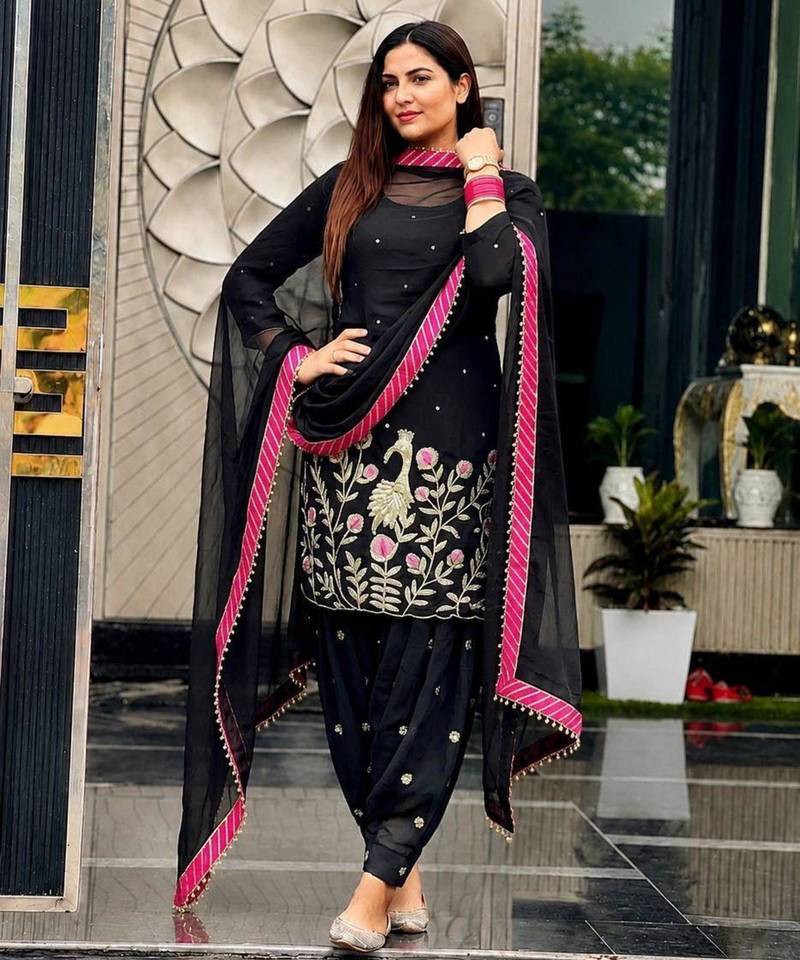 Black faux georgette embroidered salwar kameez