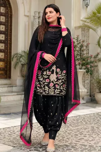 Black faux georgette embroidered salwar kameez