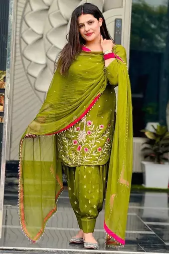 Olive faux georgette embroidered salwar kameez