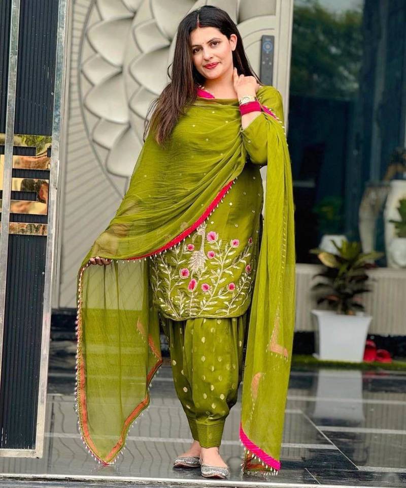 Olive faux georgette embroidered salwar kameez