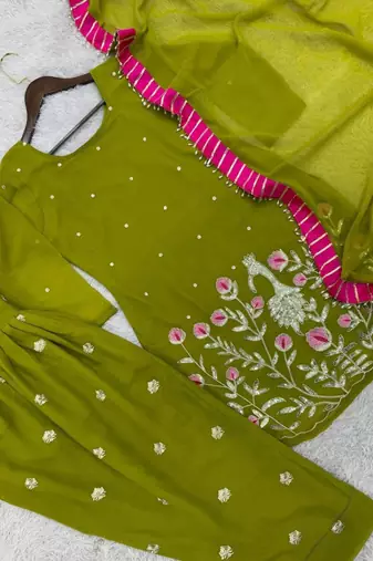 Olive faux georgette embroidered salwar kameez
